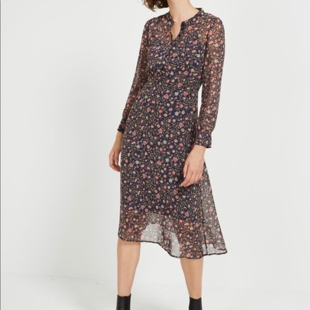 Frank And Oak Navy Floral‎ Sheer Midi Dress Long Sleeve Button Up Size XS